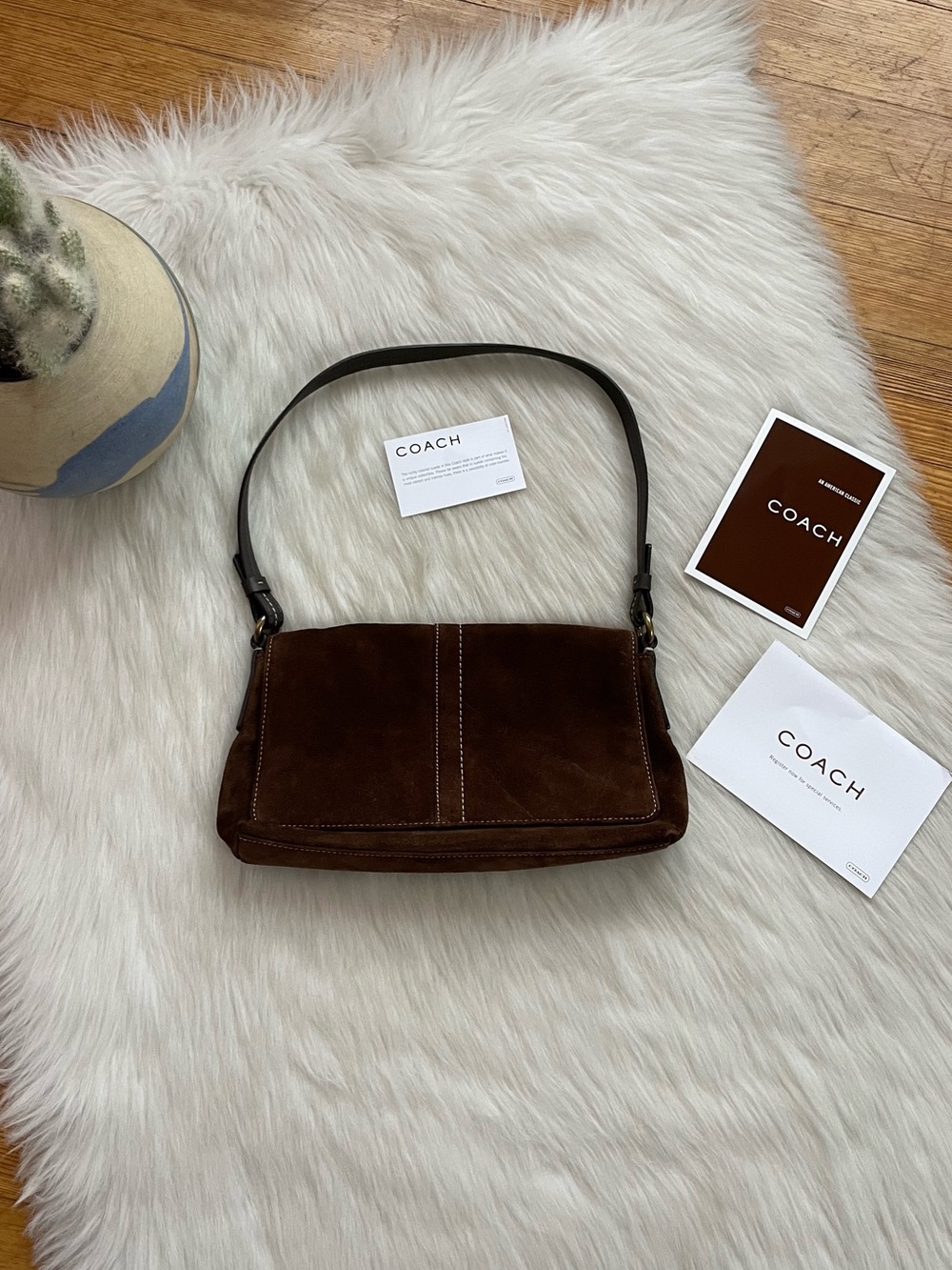 Coach Dark Brown Suede Shoulder Bag with Black Strap
